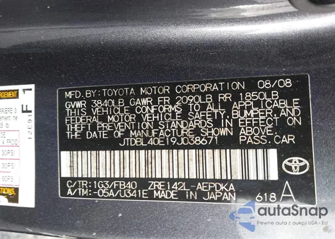 2009 Toyota Corolla Le из США, поврежденный, VIN JTDBL40E19J038671